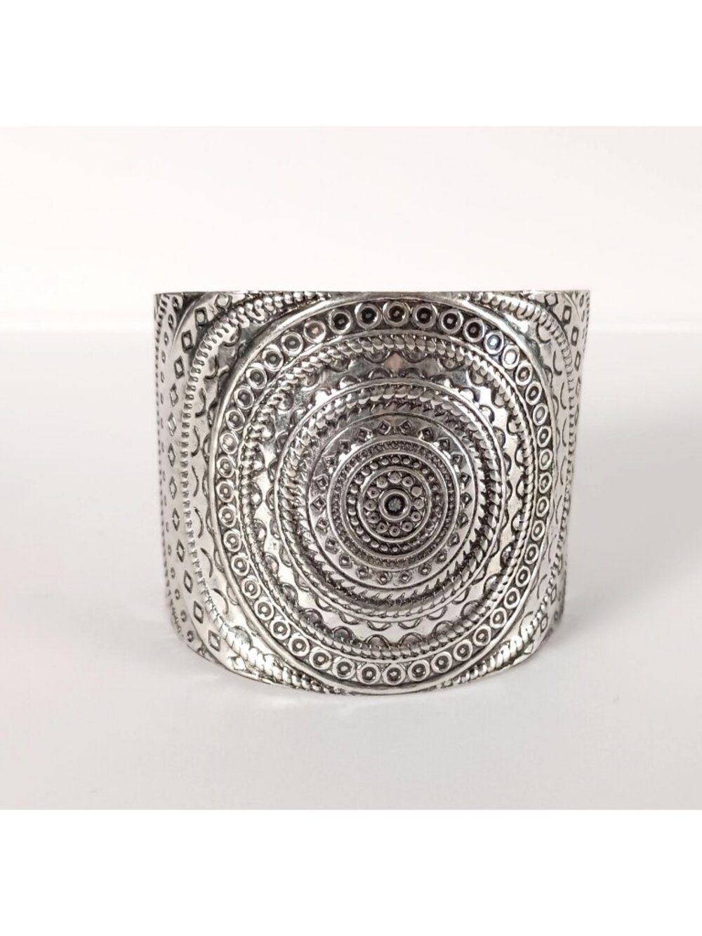 Silver Tone Mandala Boho Wide Cuff Bracelet Intricate Circular Statement
